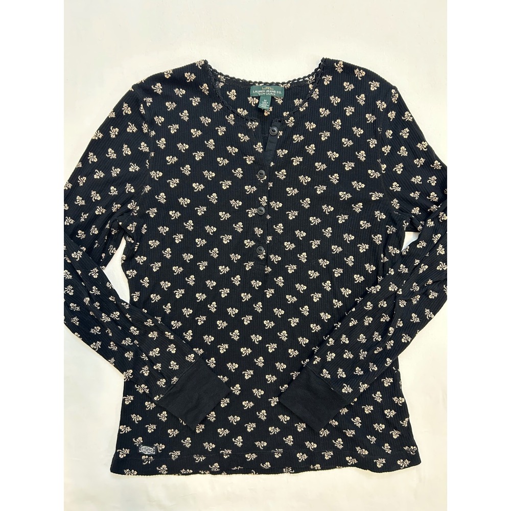 Ralph Lauren Y2K Vintage Black Floral Thermal Henley Top Long Sleeve Cotton M